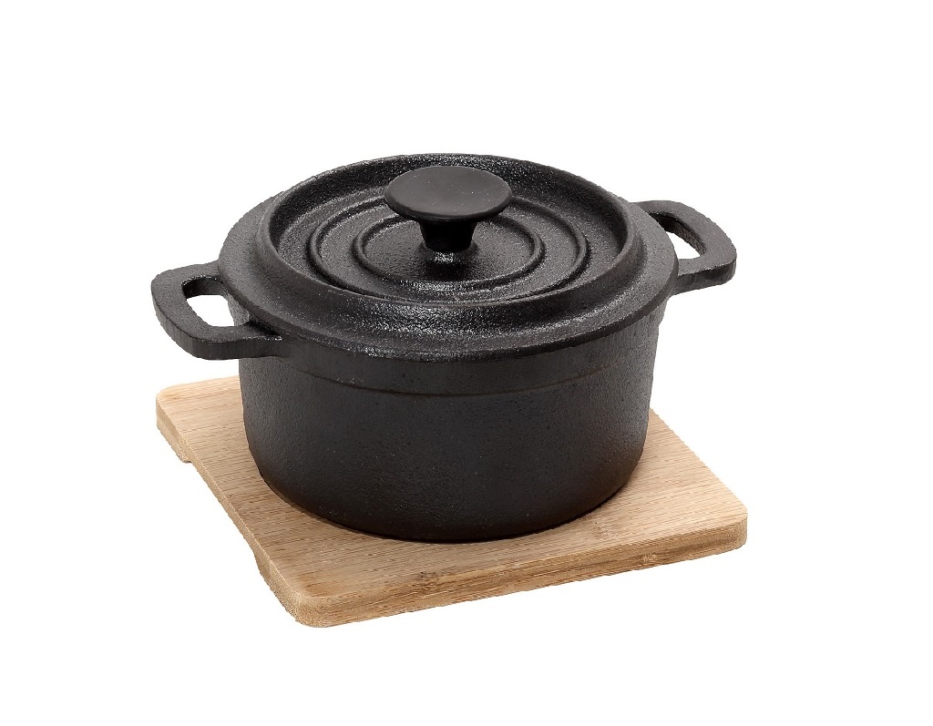 ΚΑΤΣΑΡΟΛΑ CAST-IRON ΜΑΥΡΗ D: 10 H: 8CM  250ML ΜΕ ΒΑΣΗ BAMBOO
